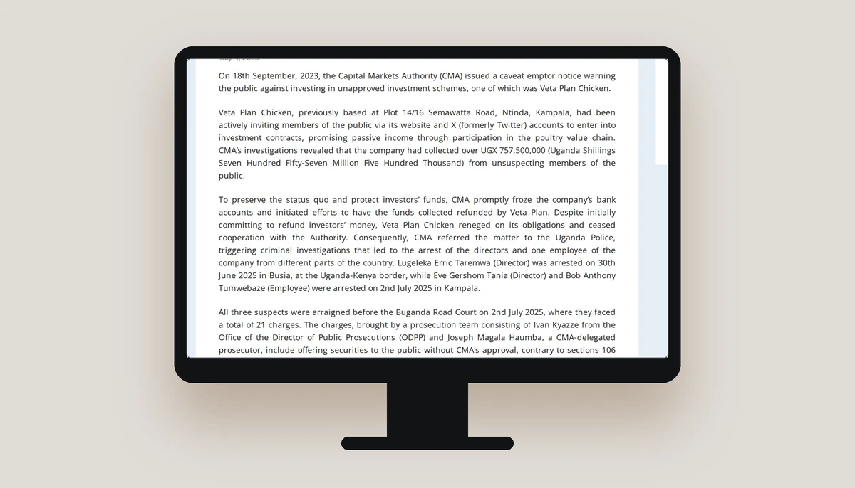 Screenshot of the Capital Markets Authority of Uganda page warning the public about unlicensed firms, taken 2 October 2026.
